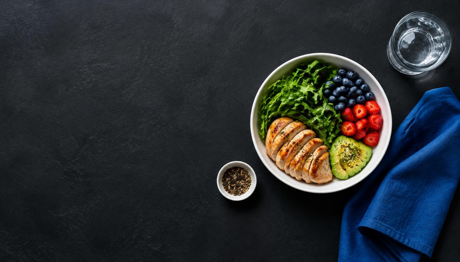 Healthy meal on a black surface with blue accents